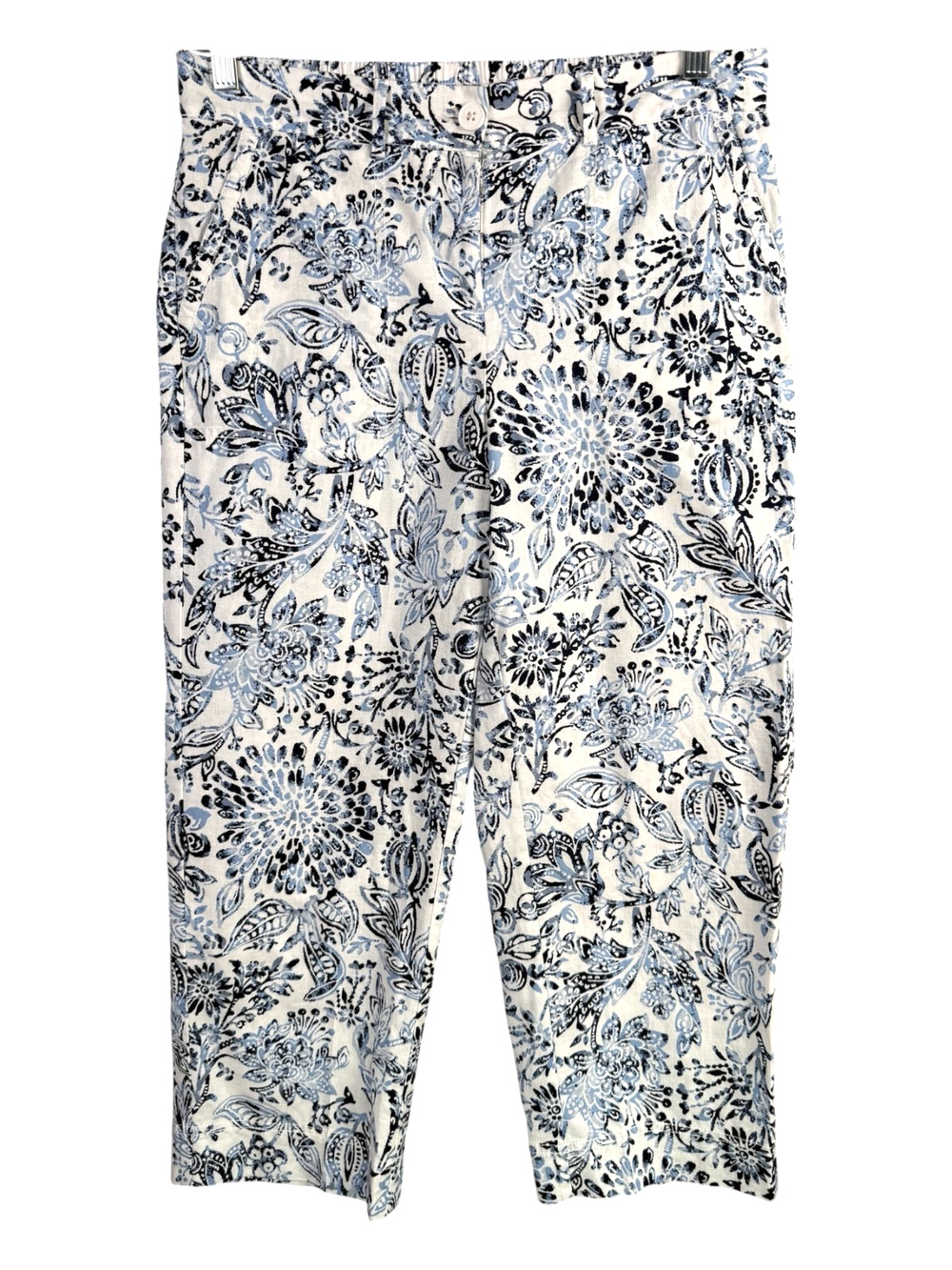 Talbots Petite 8P Linen Blend Straight Leg Crop Pants White Blue Floral Coastal
